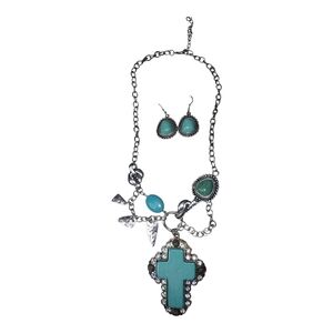 Turquoise and Silver Cross Pendant Necklace Set